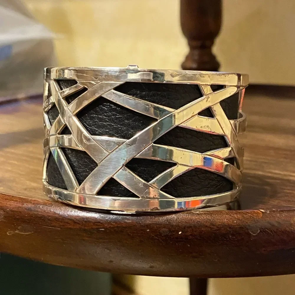 Brighton Silver Christo‎ Maritzburg Wide Cuff Bracelet with black white leather